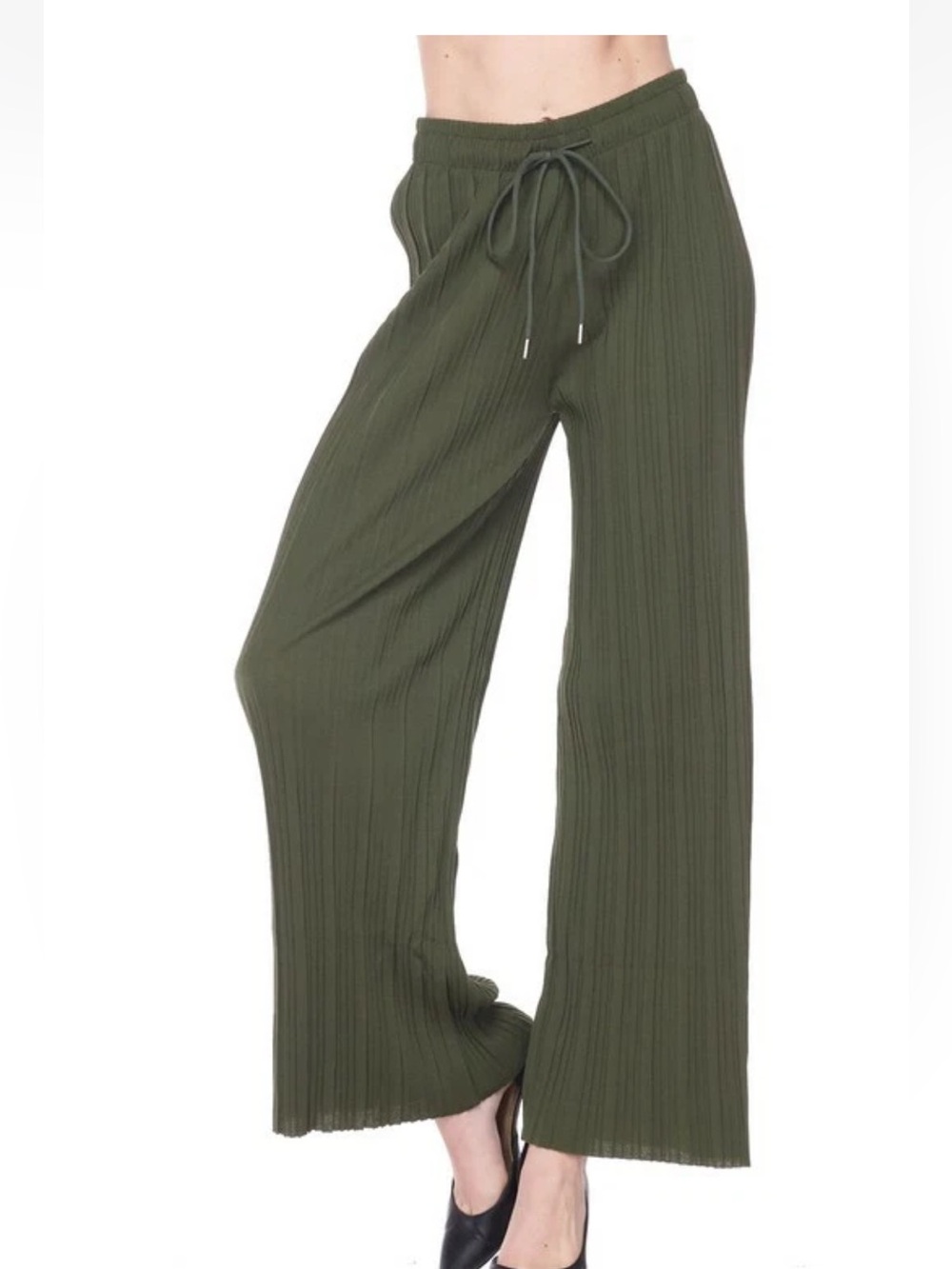 Olive High Waisted Women Pleated Palazzo Wide Leg Flowing Comfy Drawstring